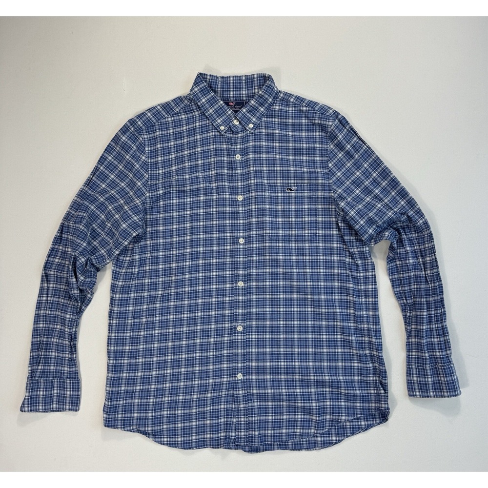 Vineyard Vines Slim Fit Tucker Shirt Mens Large Blue Plaid Linen Blend Button Up